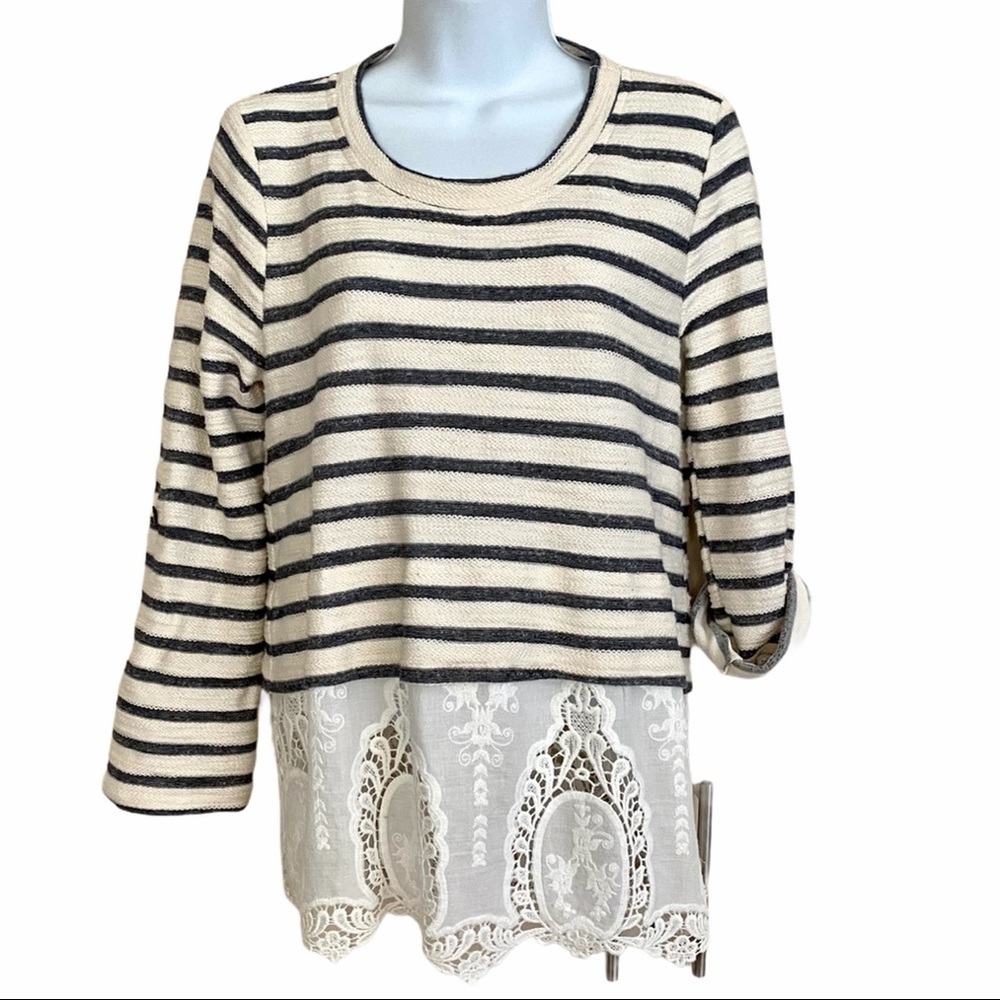 Stripe Cream Gray Light Sweater Sz Small Layered Top Nautical Casual Lace Summer